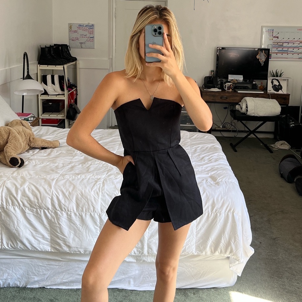 Topshop Black Strapless Pleated Romper Playsuit
